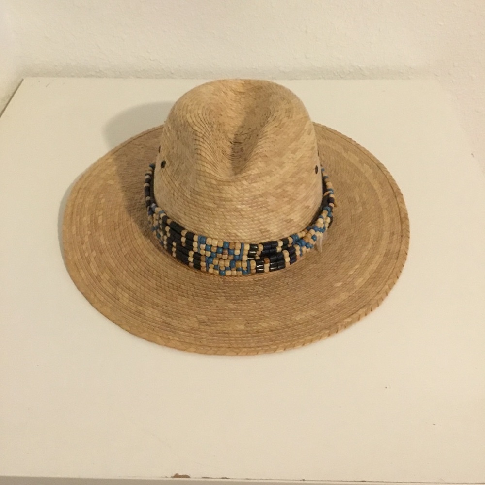 Straw Fedora Hat with Beaded Band - Natural